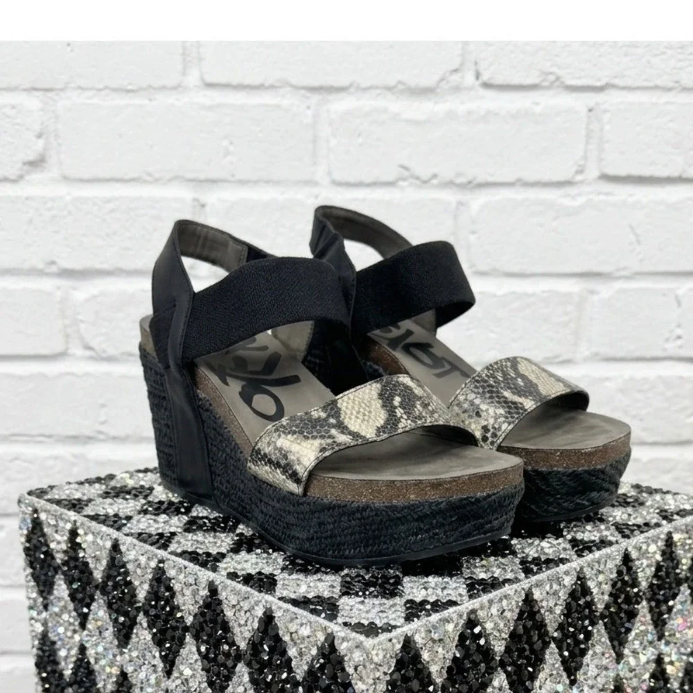 OTBT 🖤🩶🖤 leather Snakeskin print Platform Wedge Sandals woven Ankle Strap 8.5